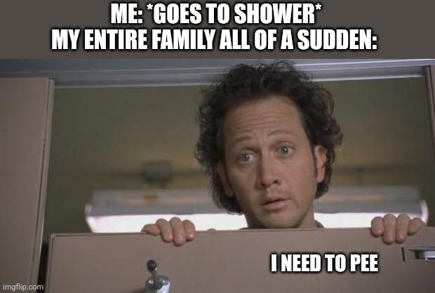 WHY. | ME: *GOES TO SHOWER*
MY ENTIRE FAMILY ALL OF A SUDDEN:; I NEED TO PEE | image tagged in rob schnieder bathroom,family | made w/ Imgflip meme maker