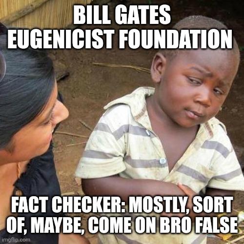 Third World Skeptical Kid | BILL GATES EUGENICIST FOUNDATION; FACT CHECKER: MOSTLY, SORT OF, MAYBE, COME ON BRO FALSE | image tagged in memes,third world skeptical kid | made w/ Imgflip meme maker