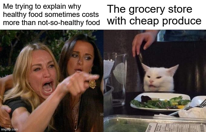 APES Unit 5 Meme | Me trying to explain why healthy food sometimes costs more than not-so-healthy food; The grocery store with cheap produce | image tagged in memes,woman yelling at cat | made w/ Imgflip meme maker