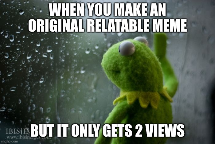 kermit window | WHEN YOU MAKE AN ORIGINAL RELATABLE MEME; BUT IT ONLY GETS 2 VIEWS | image tagged in kermit window | made w/ Imgflip meme maker