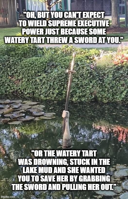 "OH, BUT YOU CAN'T EXPECT TO WIELD SUPREME EXECUTIVE POWER JUST BECAUSE SOME WATERY TART THREW A SWORD AT YOU."; "OR THE WATERY TART WAS DROWNING, STUCK IN THE LAKE MUD AND SHE WANTED YOU TO SAVE HER BY GRABBING THE SWORD AND PULLING HER OUT." | made w/ Imgflip meme maker