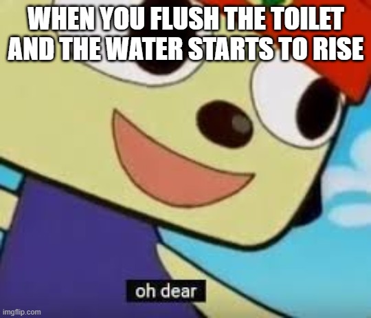 :I | WHEN YOU FLUSH THE TOILET AND THE WATER STARTS TO RISE | image tagged in parappa oh dear | made w/ Imgflip meme maker