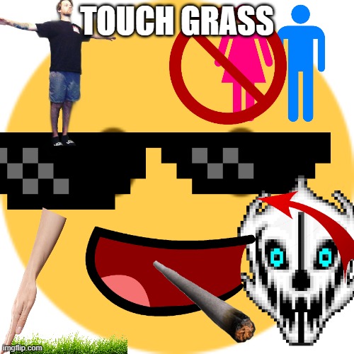 ??? | TOUCH GRASS | image tagged in no mouth emoji | made w/ Imgflip meme maker