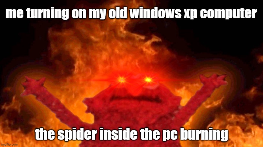 elmo fire | me turning on my old windows xp computer; the spider inside the pc burning | image tagged in elmo fire | made w/ Imgflip meme maker