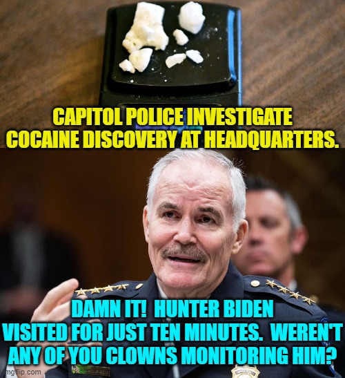 Grill the usual suspect. | CAPITOL POLICE INVESTIGATE COCAINE DISCOVERY AT HEADQUARTERS. DAMN IT!  HUNTER BIDEN VISITED FOR JUST TEN MINUTES.  WEREN'T ANY OF YOU CLOWNS MONITORING HIM? | image tagged in yep | made w/ Imgflip meme maker