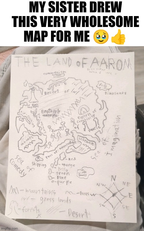 My sister drew this map for me | MY SISTER DREW THIS VERY WHOLESOME MAP FOR ME 🥹👍 | image tagged in wholesome,family,siblings,photos,jpfan102504 | made w/ Imgflip meme maker