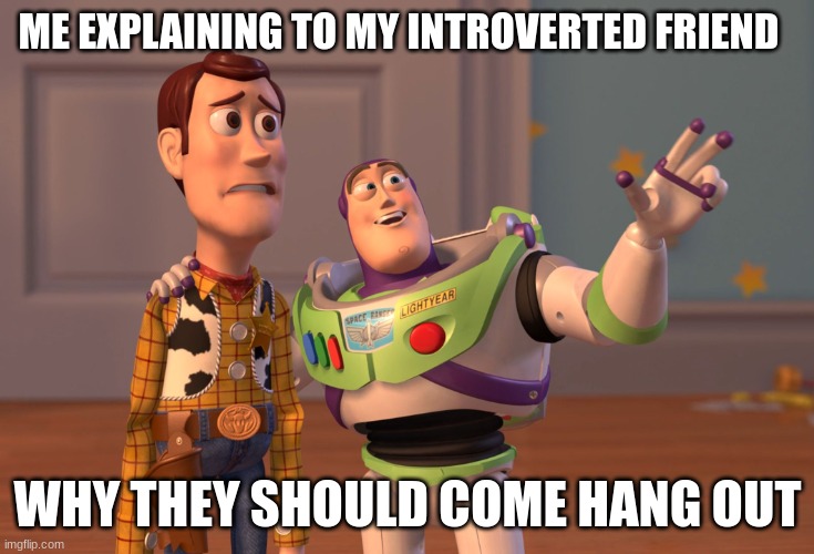true | ME EXPLAINING TO MY INTROVERTED FRIEND; WHY THEY SHOULD COME HANG OUT | image tagged in memes,x x everywhere,good | made w/ Imgflip meme maker