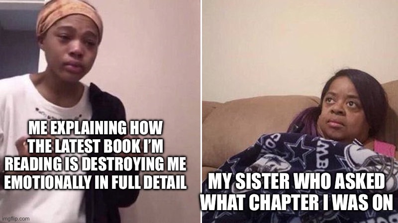 Me explaining to my mom | ME EXPLAINING HOW THE LATEST BOOK I’M READING IS DESTROYING ME EMOTIONALLY IN FULL DETAIL; MY SISTER WHO ASKED WHAT CHAPTER I WAS ON | image tagged in me explaining to my mom | made w/ Imgflip meme maker