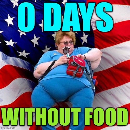 0 DAYS WITHOUT FOOD | 0 DAYS; WITHOUT FOOD | image tagged in obese conservative american woman,food memes,food,fast food,scumbag america,overweight | made w/ Imgflip meme maker