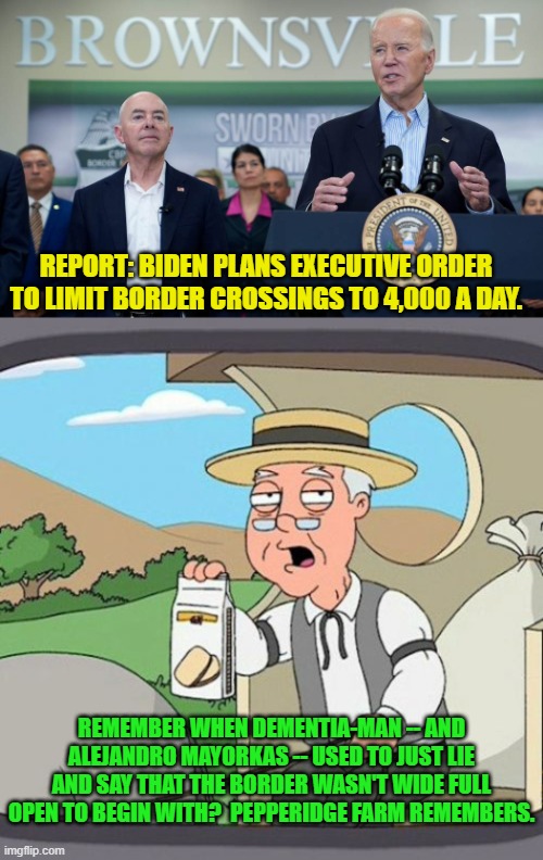 But apparently Dem Party voters LIKE IT when their leadership lies to them. | REPORT: BIDEN PLANS EXECUTIVE ORDER TO LIMIT BORDER CROSSINGS TO 4,000 A DAY. REMEMBER WHEN DEMENTIA-MAN -- AND ALEJANDRO MAYORKAS -- USED TO JUST LIE AND SAY THAT THE BORDER WASN'T WIDE FULL OPEN TO BEGIN WITH?  PEPPERIDGE FARM REMEMBERS. | image tagged in yep | made w/ Imgflip meme maker
