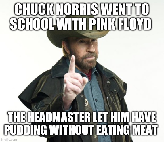 How Can You Have Pudding If You Don’t Eat Your Meat?! | CHUCK NORRIS WENT TO SCHOOL WITH PINK FLOYD; THE HEADMASTER LET HIM HAVE PUDDING WITHOUT EATING MEAT | image tagged in memes,chuck norris finger,chuck norris | made w/ Imgflip meme maker