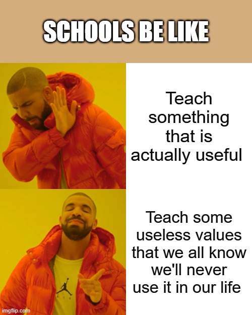 Drake Hotline Bling | SCHOOLS BE LIKE; Teach something that is actually useful; Teach some useless values that we all know we'll never use it in our life | image tagged in memes,drake hotline bling | made w/ Imgflip meme maker
