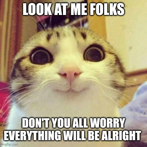 Look at me folks | LOOK AT ME FOLKS; DON'T YOU ALL WORRY EVERYTHING WILL BE ALRIGHT | image tagged in memes,smiling cat,inspirational,funny,sad but true,funny memes | made w/ Imgflip meme maker