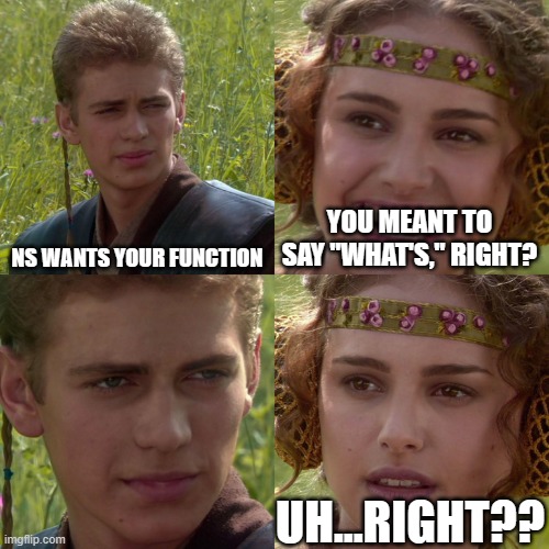 NS WANTS YOUR FUNCTION YOU MEANT TO SAY "WHAT'S," RIGHT? UH...RIGHT?? | image tagged in anakin padme 4 panel | made w/ Imgflip meme maker