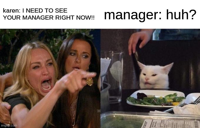 Karen: can I see your manager | karen: I NEED TO SEE YOUR MANAGER RIGHT NOW!! manager: huh? | image tagged in memes,woman yelling at cat,karen | made w/ Imgflip meme maker
