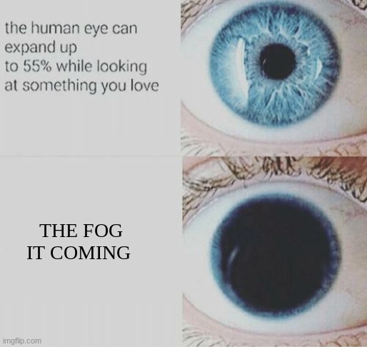 THE FOG IT COMING | image tagged in eye pupil expand | made w/ Imgflip meme maker