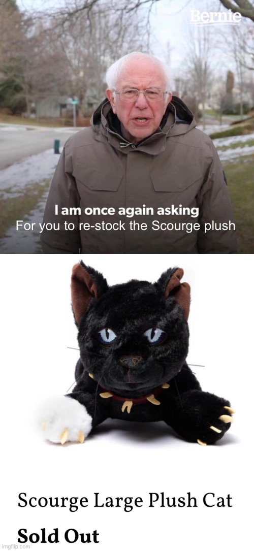 I made another meme about this topic a bit ago, BUT JUST RE-STOCK THESE DUDE- | For you to re-stock the Scourge plush | image tagged in memes,bernie i am once again asking for your support,warrior cats | made w/ Imgflip meme maker