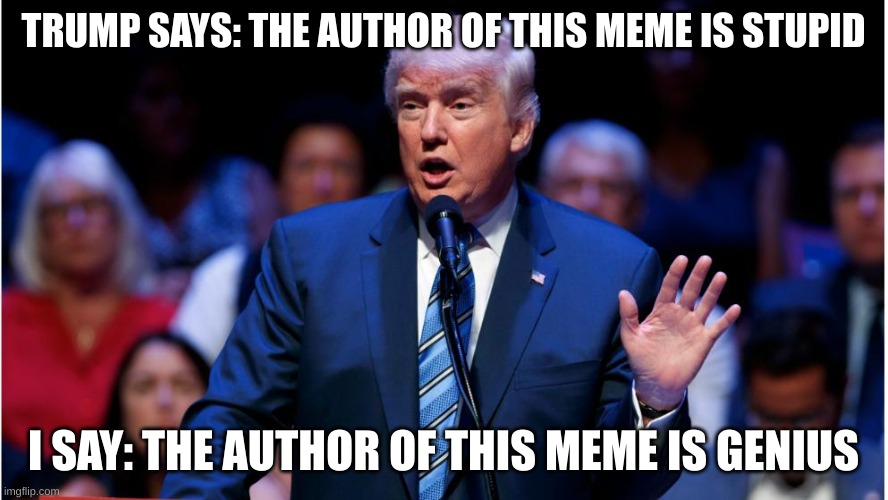 TRUMP SAYS: THE AUTHOR OF THIS MEME IS STUPID I SAY: THE AUTHOR OF THIS MEME IS GENIUS | image tagged in trump badass | made w/ Imgflip meme maker