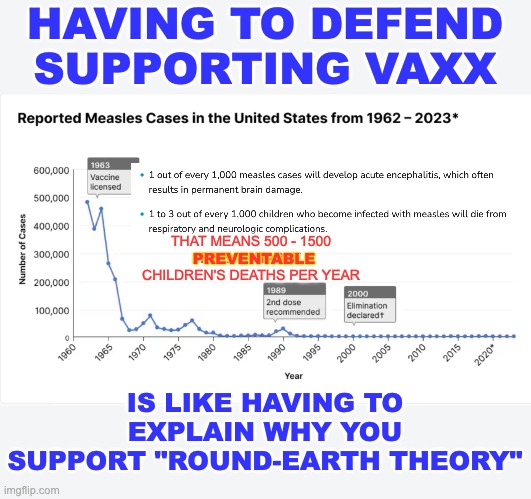 I'm pro handwashing and toothbrushing too (don't tell the trolls) | HAVING TO DEFEND
SUPPORTING VAXX; THAT MEANS 500 - 1500
PREVENTABLE
CHILDREN'S DEATHS PER YEAR; PREVENTABLE; IS LIKE HAVING TO EXPLAIN WHY YOU SUPPORT "ROUND-EARTH THEORY" | image tagged in vaccines,vaxx,science | made w/ Imgflip meme maker