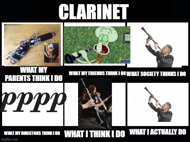 e | CLARINET; WHAT MY PARENTS THINK I DO; WHAT SOCIETY THINKS I DO; WHAT MY FRIENDS THINK I DO; WHAT I ACTUALLY DO; WHAT MY DIRECTORS THINK I DO; WHAT I THINK I DO | image tagged in what my friends think i do | made w/ Imgflip meme maker