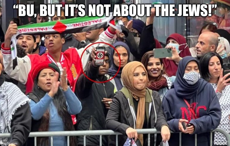 Liars | “BU, BUT IT’S NOT ABOUT THE JEWS!” | image tagged in pro hamas protest nyc with swastika | made w/ Imgflip meme maker