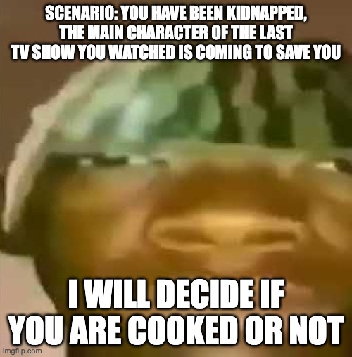 real | SCENARIO: YOU HAVE BEEN KIDNAPPED, THE MAIN CHARACTER OF THE LAST TV SHOW YOU WATCHED IS COMING TO SAVE YOU; I WILL DECIDE IF YOU ARE COOKED OR NOT | image tagged in shitpost | made w/ Imgflip meme maker