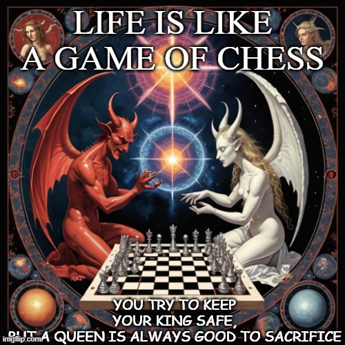 chess life | LIFE IS LIKE A GAME OF CHESS; YOU TRY TO KEEP YOUR KING SAFE, BUT A QUEEN IS ALWAYS GOOD TO SACRIFICE | image tagged in devil,angel,chess,brain freeze | made w/ Imgflip meme maker
