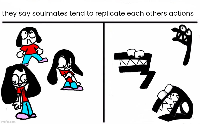 I have a theory | they say soulmates tend to replicate each others actions | image tagged in who would win blank,alphabet lore,oc lore,alphabet lore f,oc lore robin,soulmates | made w/ Imgflip meme maker
