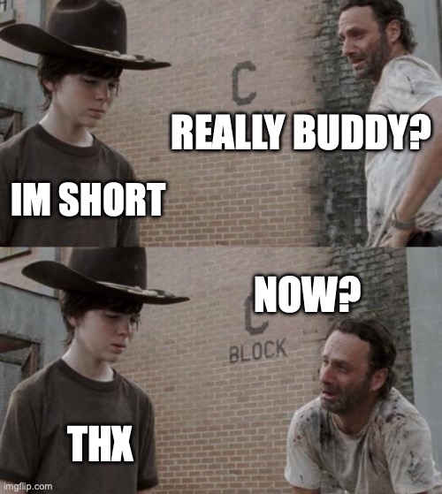 <:] | REALLY BUDDY? IM SHORT; NOW? THX | image tagged in memes,rick and carl,funny,literal | made w/ Imgflip meme maker