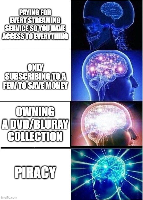 yarr | PAYING FOR EVERY STREAMING SERVICE SO YOU HAVE ACCESS TO EVERYTHING; ONLY SUBSCRIBING TO A FEW TO SAVE MONEY; OWNING A DVD/BLURAY COLLECTION; PIRACY | image tagged in memes,expanding brain | made w/ Imgflip meme maker