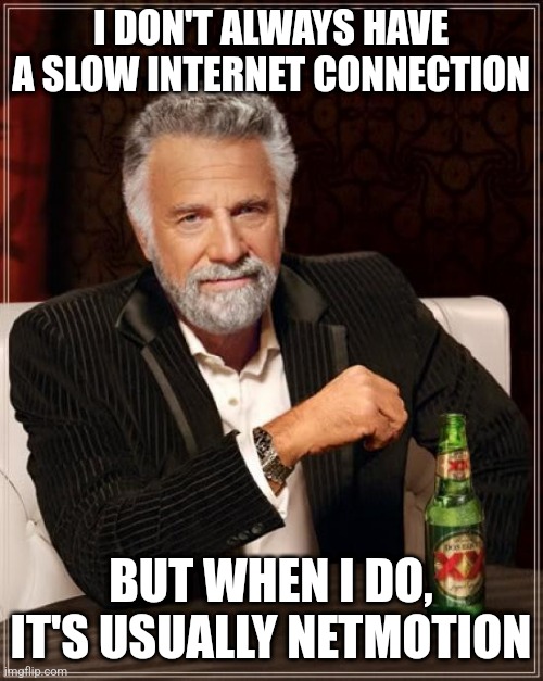 The Most Interesting Man In The World | I DON'T ALWAYS HAVE A SLOW INTERNET CONNECTION; BUT WHEN I DO, IT'S USUALLY NETMOTION | image tagged in memes,the most interesting man in the world,internet | made w/ Imgflip meme maker