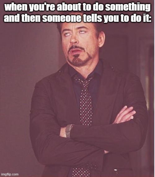 Face You Make Robert Downey Jr | when you're about to do something and then someone tells you to do it: | image tagged in memes,face you make robert downey jr | made w/ Imgflip meme maker