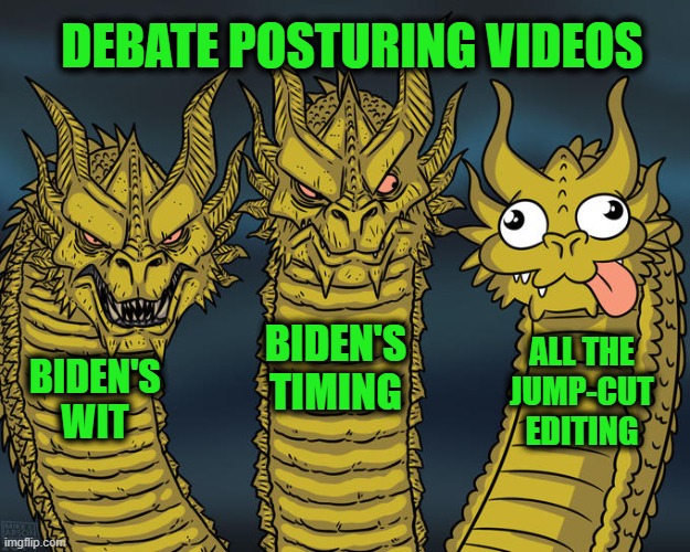 Let's Get Ready to Mumble! | DEBATE POSTURING VIDEOS; BIDEN'S TIMING; ALL THE JUMP-CUT EDITING; BIDEN'S WIT | image tagged in three-headed dragon | made w/ Imgflip meme maker