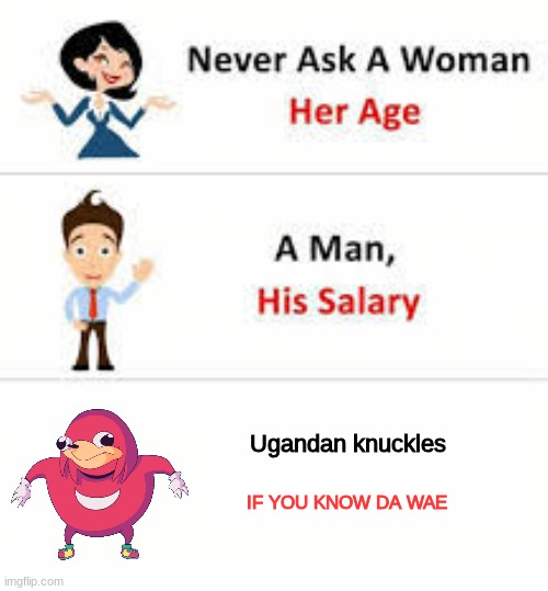 BRING IT BACK | Ugandan knuckles; IF YOU KNOW DA WAE | image tagged in never ask a woman her age | made w/ Imgflip meme maker