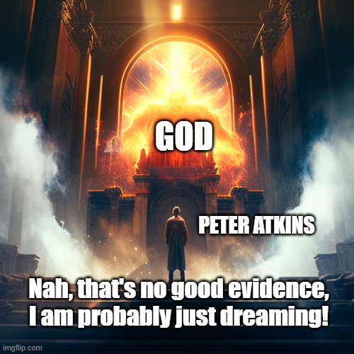 Peter Atkins | GOD; PETER ATKINS; Nah, that's no good evidence, I am probably just dreaming! | made w/ Imgflip meme maker