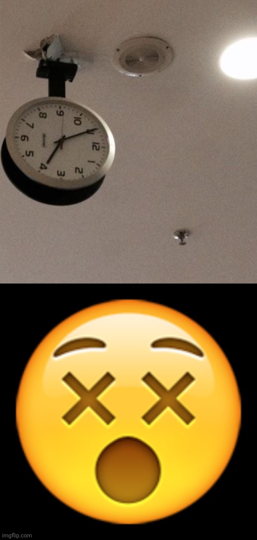 Sideways clock | image tagged in face with crossed-out eyes aka dizzy face,you had one job,memes,clocks,clock,ceiling | made w/ Imgflip meme maker