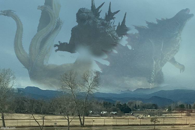 Made this poster of me and the bois. This was a photo I took at school on a cloudy day. | image tagged in king ghidorah,me and the boys,poster,photography,photoshop | made w/ Imgflip meme maker