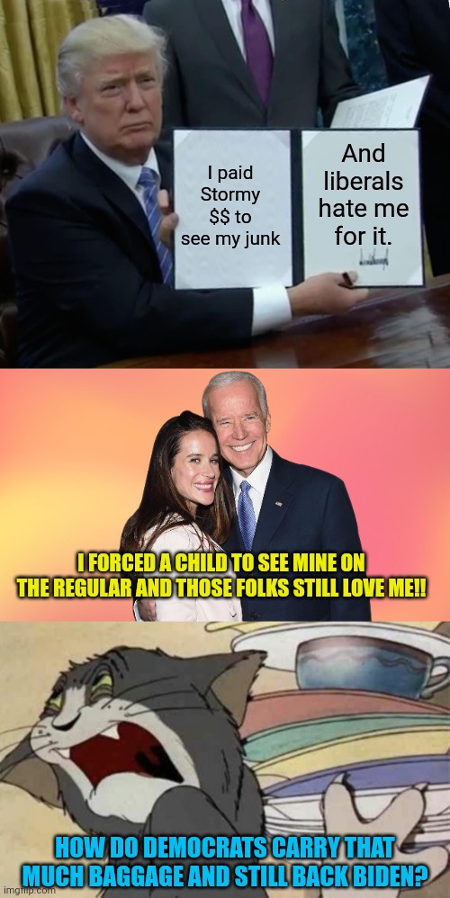And liberals hate me for it. I paid Stormy $$ to see my junk; I FORCED A CHILD TO SEE MINE ON THE REGULAR AND THOSE FOLKS STILL LOVE ME!! HOW DO DEMOCRATS CARRY THAT MUCH BAGGAGE AND STILL BACK BIDEN? | image tagged in memes,trump bill signing,ashley joe biden,tom jerry - disgusted tom | made w/ Imgflip meme maker