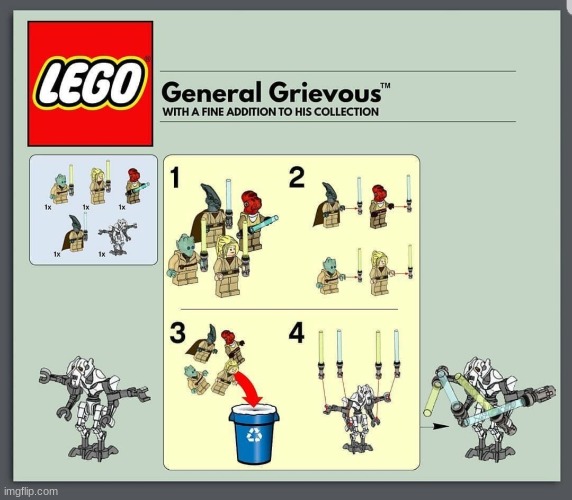 I was bored, so I was looking for some General Grievous memes. These are the 4 best ones I found. | image tagged in general grievous,lightsaber,this will make a fine addition to my collection,funny,lego | made w/ Imgflip meme maker