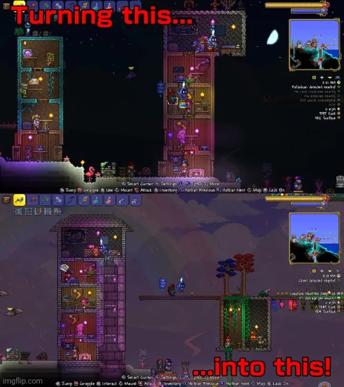 I helped @MeowmereMemes fix his house | image tagged in terraria,gaming,video games,nintendo switch,screenshots,multiplayer | made w/ Imgflip meme maker