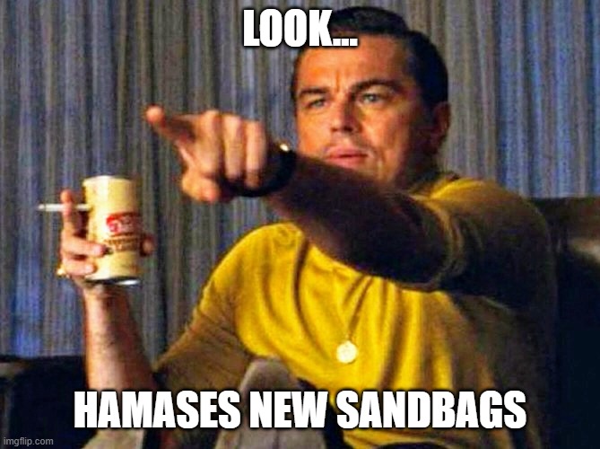 Hamas when they see a fatties for a free Palestine | LOOK... HAMASES NEW SANDBAGS | image tagged in leonardo dicaprio pointing at tv,israel | made w/ Imgflip meme maker