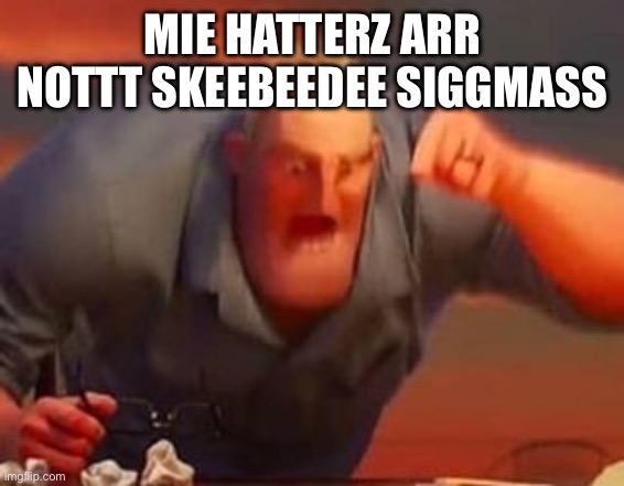 THEYY ARR NOTT RIZZLURZ ETHUR | MIE HATTERZ ARR NOTTT SKEEBEEDEE SIGGMASS | image tagged in mr incredible mad | made w/ Imgflip meme maker