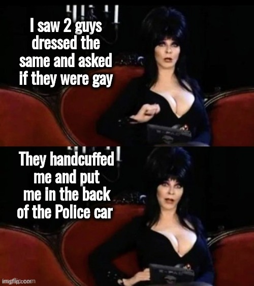 They never answered the question | I saw 2 guys dressed the same and asked if they were gay; They handcuffed me and put me in the back of the Police car | image tagged in elvira's joke,cops,sense of humor,well yes but actually no,maybe i am a monster,simple question | made w/ Imgflip meme maker