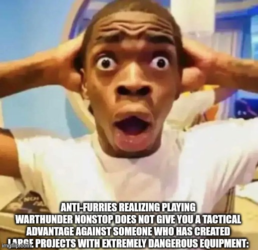 also, don't forget they're like twelve. | ANTI-FURRIES REALIZING PLAYING WARTHUNDER NONSTOP DOES NOT GIVE YOU A TACTICAL ADVANTAGE AGAINST SOMEONE WHO HAS CREATED LARGE PROJECTS WITH EXTREMELY DANGEROUS EQUIPMENT: | image tagged in shocked black guy,furry,anti-furry,lgbtq | made w/ Imgflip meme maker