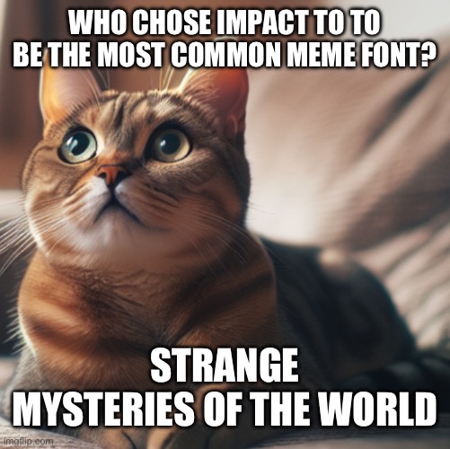 Who chose this font | WHO CHOSE IMPACT TO TO BE THE MOST COMMON MEME FONT? STRANGE MYSTERIES OF THE WORLD | image tagged in strange mysteries of the world cat | made w/ Imgflip meme maker
