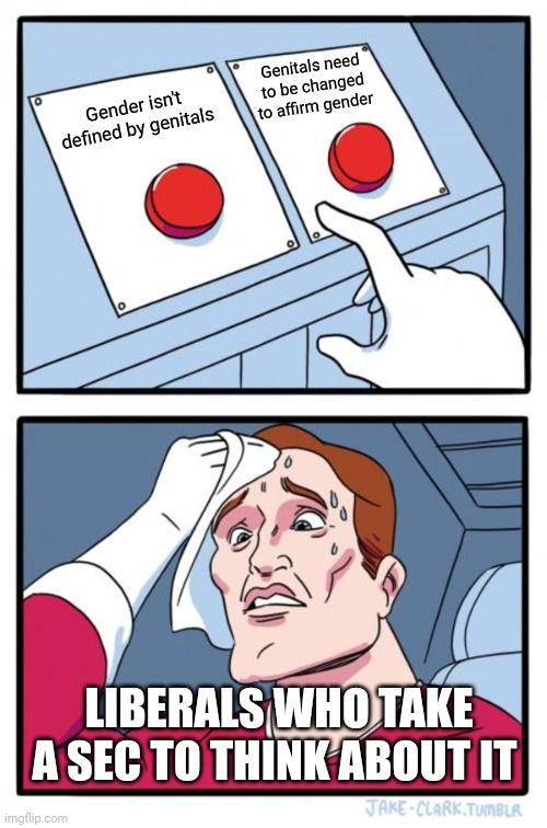 Two Buttons | Genitals need to be changed to affirm gender; Gender isn't defined by genitals; LIBERALS WHO TAKE A SEC TO THINK ABOUT IT | image tagged in memes,two buttons | made w/ Imgflip meme maker
