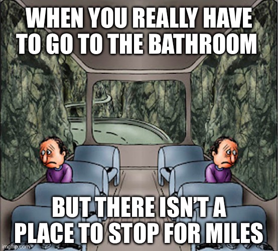 When you really have to go | WHEN YOU REALLY HAVE TO GO TO THE BATHROOM; BUT THERE ISN’T A PLACE TO STOP FOR MILES | image tagged in two guys on a bus meme dark,road trip,bathroom | made w/ Imgflip meme maker