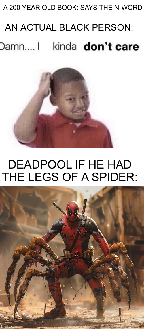 AN ACTUAL BLACK PERSON:; A 200 YEAR OLD BOOK: SAYS THE N-WORD; DEADPOOL IF HE HAD THE LEGS OF A SPIDER: | image tagged in damn i kinda dont care | made w/ Imgflip meme maker
