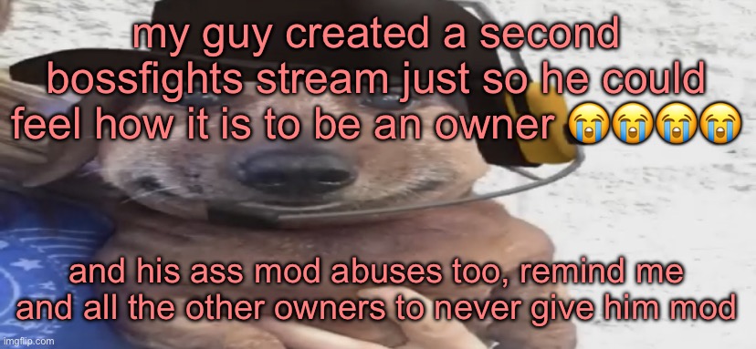 https://imgflip.com/m/Imgflip-Bossfights2 | my guy created a second bossfights stream just so he could feel how it is to be an owner 😭😭😭😭; and his ass mod abuses too, remind me and all the other owners to never give him mod | image tagged in chucklenuts | made w/ Imgflip meme maker