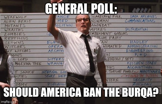 Cabin the the woods | GENERAL POLL:; SHOULD AMERICA BAN THE BURQA? | image tagged in cabin the the woods,funny memes | made w/ Imgflip meme maker